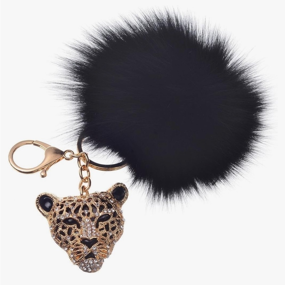 Leopard head rhinestone bling bag charm with faux fur puffball purse cha… - Picture 2 of 2